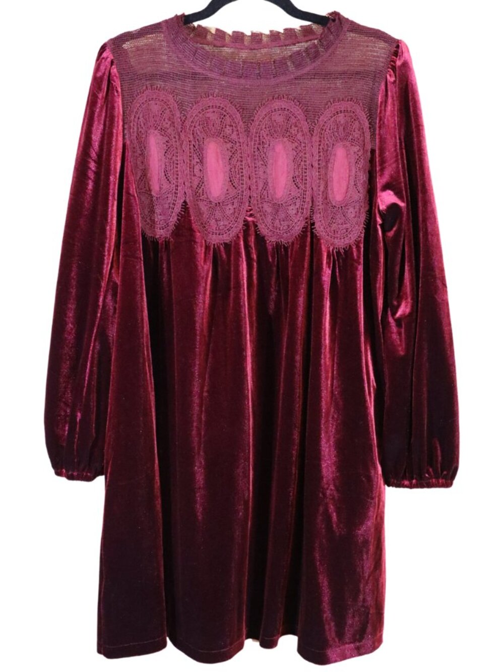 Burgundy Velvet Lace Babydoll Mini Dress Long Sleeve Holiday Size L Like New